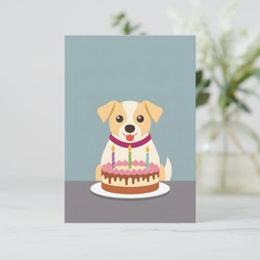 Schattigee pup met verjaardagstaart kaart (Staand voorkant)