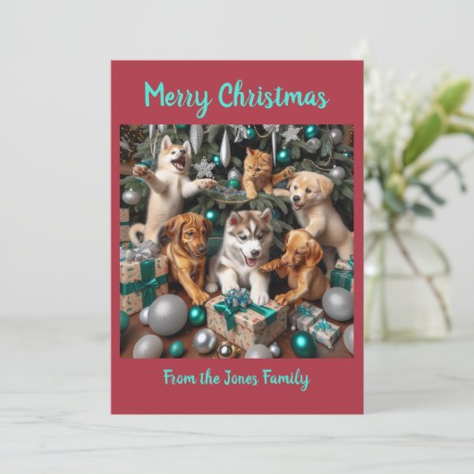 Schattigee Puppies en kitten met kerst Feestdagenkaart (Staand voorkant)