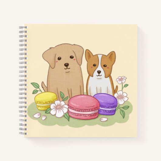 Schattigee Puppies en Macarons Illustratie Kunst Notitieboek (Voorkant)