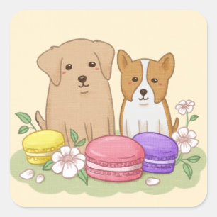 Schattigee Puppies en Macarons Illustratie Kunst Vierkante Sticker