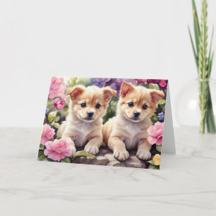 Schattigee Puppies in de Flower Garden Waterverf Kaart