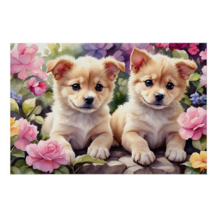 Schattigee Puppies in de Flower Garden Waterverf Perfect Poster