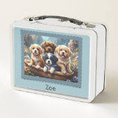 Schattigee puppies in een mand, aangepaste kinder (Achterkant)