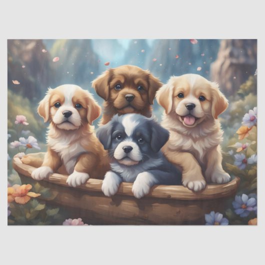 Schattigee puppies in een mand, kinder tissuepapier (Voorkant)