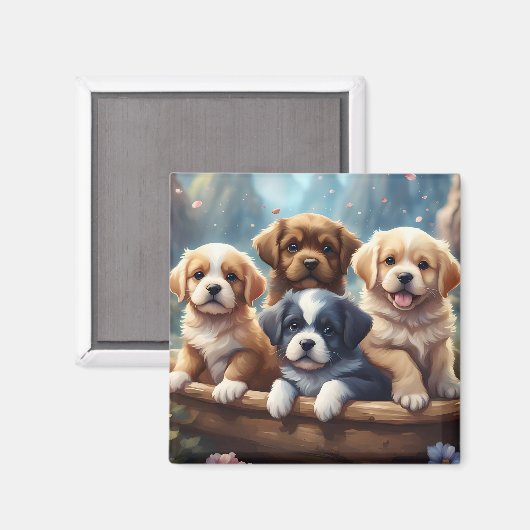 Schattigee puppies in een mand magneet (Voorkant / Achterkant)
