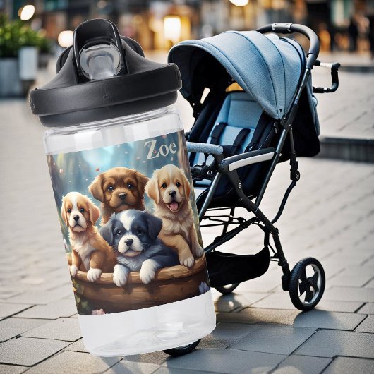 Schattigee puppies in een mand, personaliseerbaar waterfles