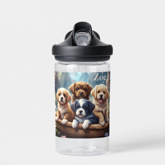 Schattigee puppies in een mand, personaliseerbaar waterfles (Voorkant)