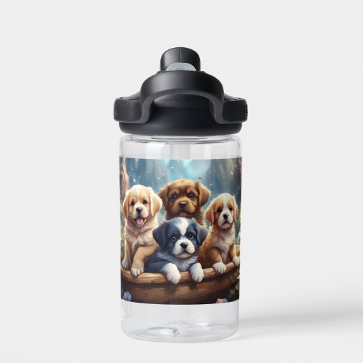 Schattigee puppies in een mand, personaliseerbaar waterfles (Achterkant)