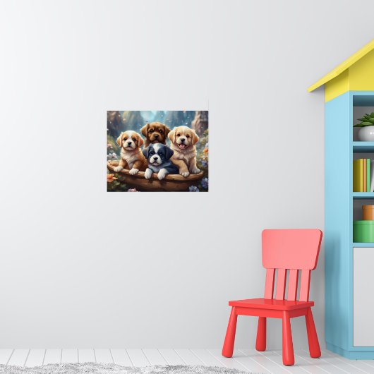 Schattigee puppies in een mand poster (Kinderkamer 1)
