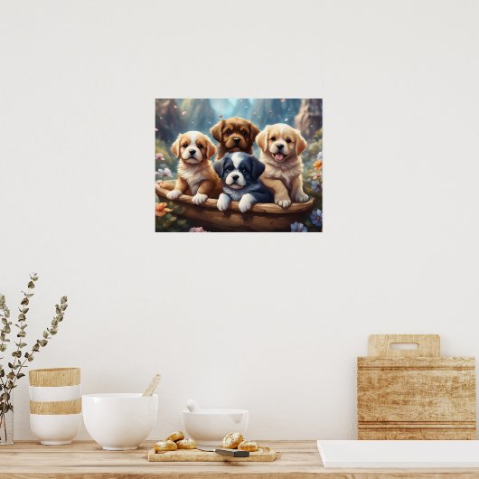 Schattigee puppies in een mand poster (Keuken)