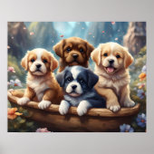 Schattigee puppies in een mand poster (Voorkant)
