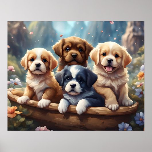 Schattigee puppies in een mand poster (Voorkant)