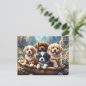 Schattigee puppies in een mandje, op maat briefkaart (Staand voorkant)
