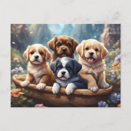 Schattigee puppies in een mandje, op maat briefkaart (Voorkant)