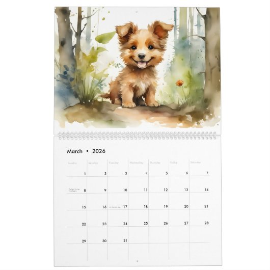 Schattigee Puppies Waterverf Art 12-Maand 2025 Kal Kalender (Mar 2026)