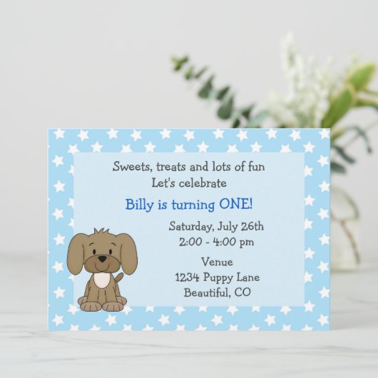 Schattigee puppy 1e verjaardag uitnodiging voor jo (Staand voorkant)