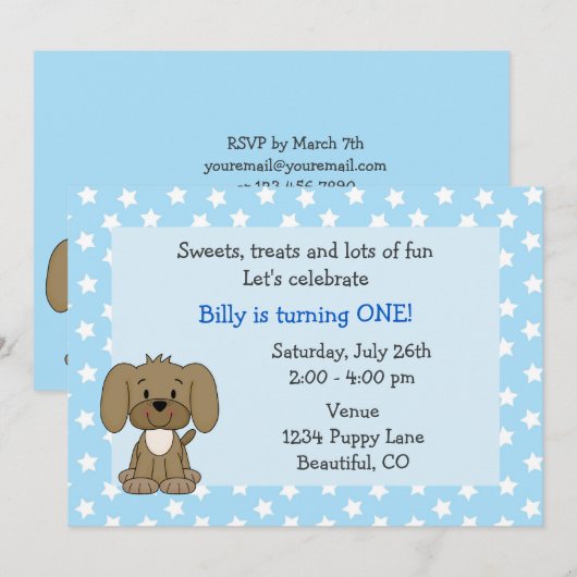 Schattigee puppy 1e verjaardag uitnodiging voor jo (Voorkant / Achterkant)