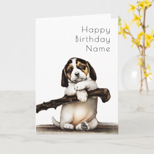 Schattigee Puppy Art Deco Verjaardag Kaart (Gele Bloem)