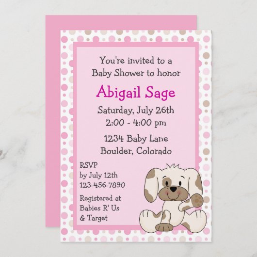 Schattigee puppy baby meisje douche uitnodiging (Voorkant / Achterkant)