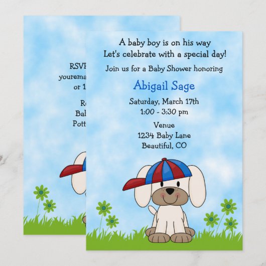 Schattigee Puppy Baby shower Uitnodiging voor Jong (Voorkant / Achterkant)