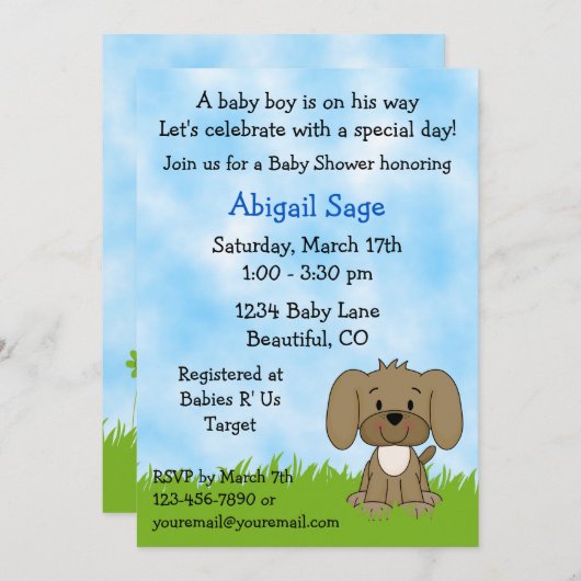 Schattigee Puppy Baby shower Uitnodiging voor Jong (Voorkant / Achterkant)