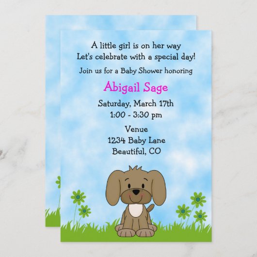 Schattigee Puppy Baby shower Uitnodiging voor Meis (Voorkant / Achterkant)