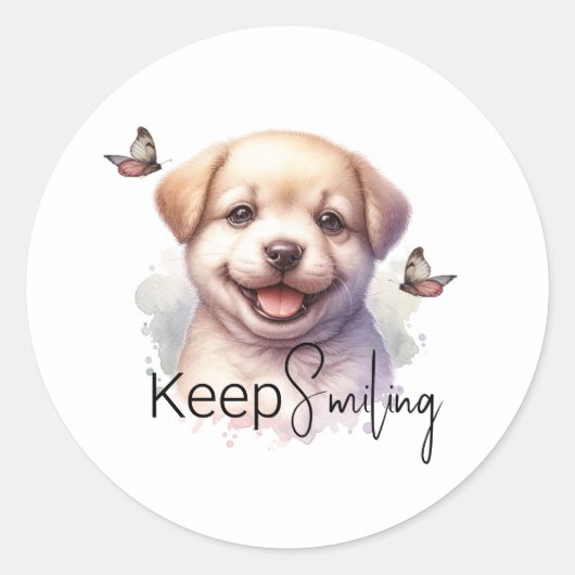 Schattigee Puppy Blijf Glimlachen Aangepast Ronde Sticker (Voorkant)