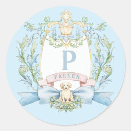 Schattigee Puppy Blue Ribbon Crest | Baby jongen Ronde Sticker
