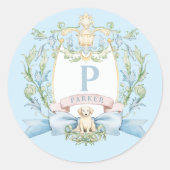 Schattigee Puppy Blue Ribbon Crest | Baby jongen Ronde Sticker (Voorkant)