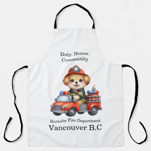 Schattigee puppy brandweerman op een felrode vrach schort (Voorkant)