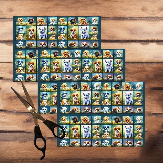 Schattigee puppy collage, baby honden, tissuepapier