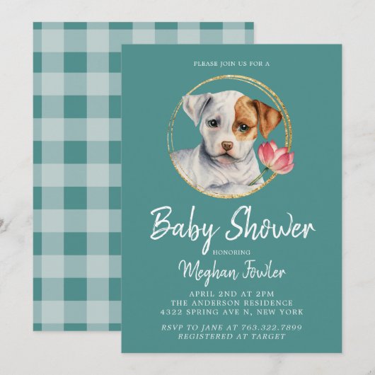 Schattigee Puppy Dog Baby shower Waterverf Uitnodi Kaart (Voorkant / Achterkant)