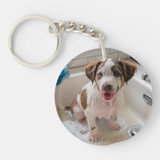 Schattigee Puppy Dog Badtijd Ronde Acryl Sleutelha Sleutelhanger (Voorkant)