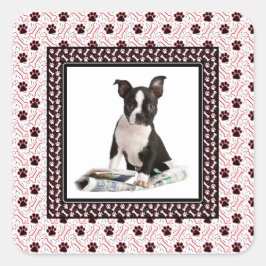 Schattigee Puppy Dog Foto Poot en Bone Sjabloon Vierkante Sticker