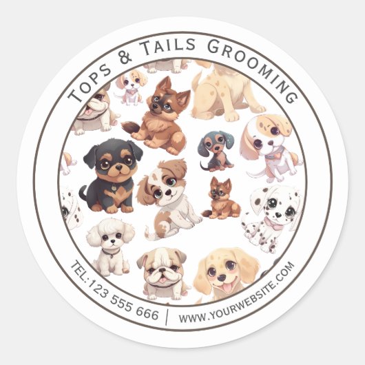 Schattigee Puppy Dog Grooming Business Ronde Sticker (Voorkant)