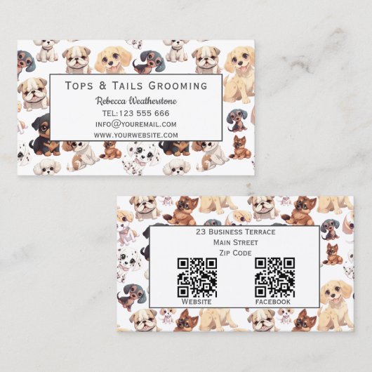 Schattigee Puppy Dog Grooming met QR Codes Visitekaartje (Voorkant / Achterkant)