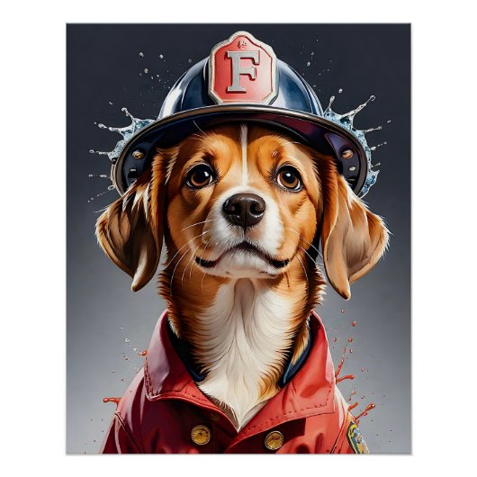 Schattigee Puppy Dog in Brandweerman Uniforme Wate Perfect Poster (Voorkant)