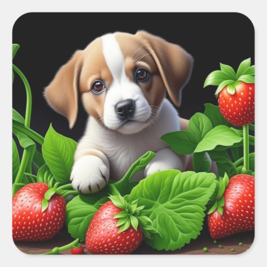 Schattigee Puppy Dog in een bos aardbeien Vierkante Sticker (Voorkant)