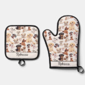 Schattigee Puppy Dog Pattern Naam Ovenwant & Pannenlap Set (Voorkant)