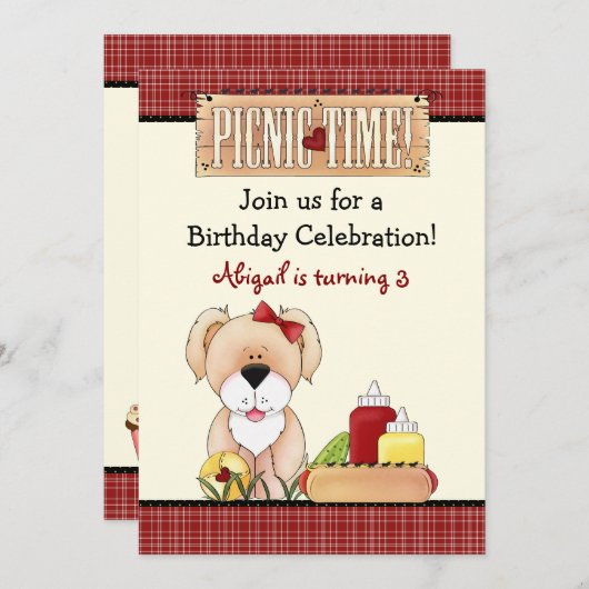 Schattigee Puppy Dog Picnic Verjaardagsuitnodiging Kaart (Voorkant / Achterkant)