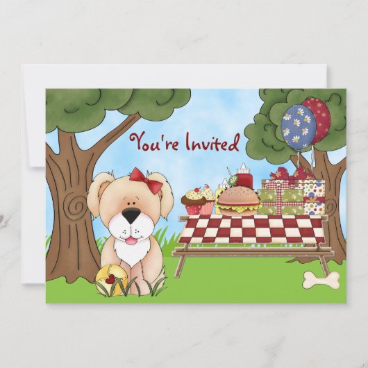 Schattigee Puppy Dog Picnic Verjaardagsuitnodiging Kaart (Voorkant)