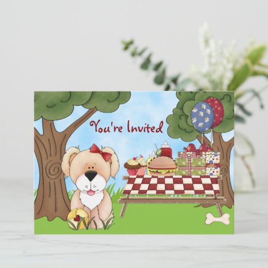 Schattigee Puppy Dog Picnic Verjaardagsuitnodiging Kaart (Staand voorkant)