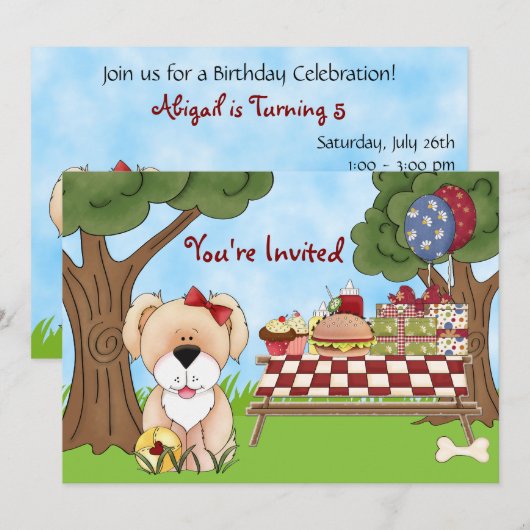 Schattigee Puppy Dog Picnic Verjaardagsuitnodiging Kaart (Voorkant / Achterkant)