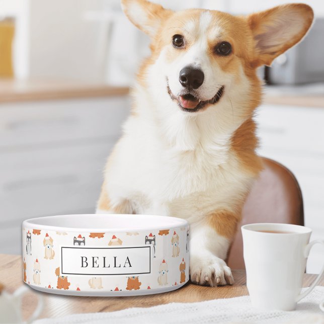 Schattigee Puppy Dog Santa Pattern Naam Huisdier Voerbakje (Creator heeft geüpload)