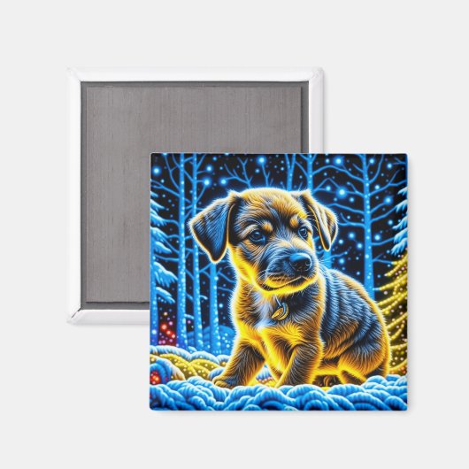 Schattigee Puppy Dog Spelen in Sneeuw Kerstmis Magneet (Voorkant / Achterkant)