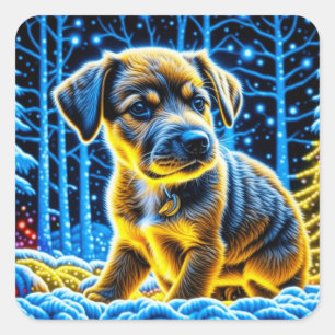 Schattigee Puppy Dog Spelen in Sneeuw Kerstmis Vierkante Sticker