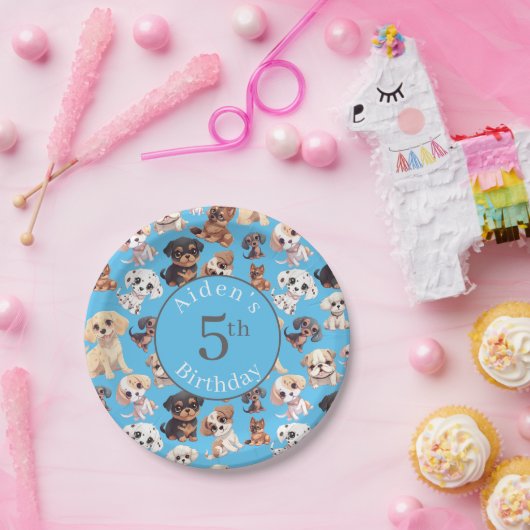 Schattigee Puppy Dog Verjaardag Blauw Papieren Bordje (Feest)