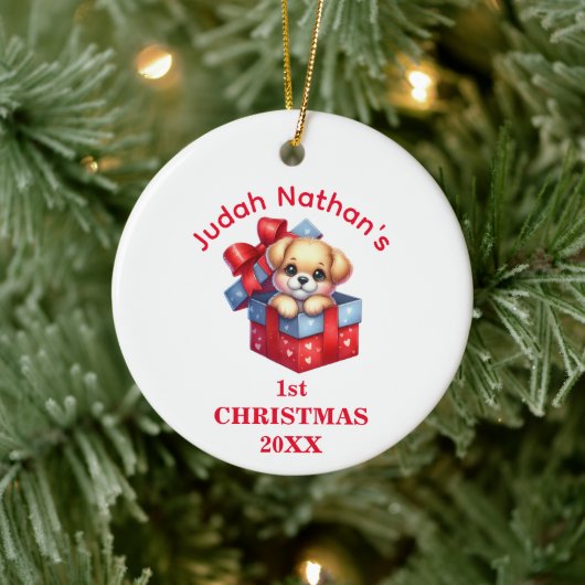 Schattigee puppy eerste kerst gepersonaliseerd keramisch ornament (Boom)