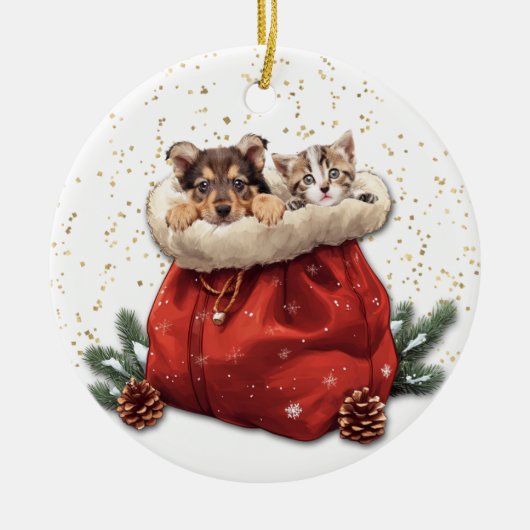 Schattigee Puppy en Kat Kerstcadeau Tas Keramisch Ornament (Voorkant)