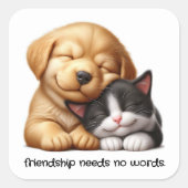 Schattigee puppy en kitten knuffelen beste vriende vierkante sticker (Voorkant)